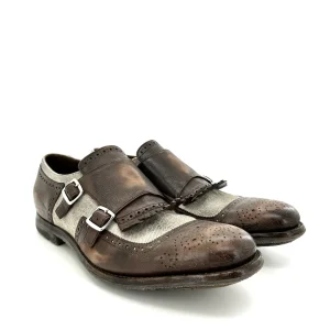 Church’s Shanghai, bicolore marrone e twill beige, doppia fibbia, suola in gomma