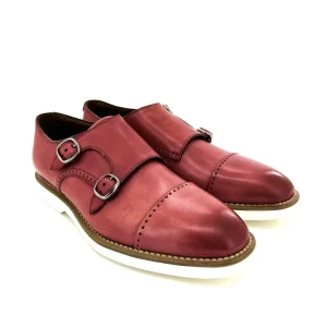 Franceschetti scarpe uomo, in pelle anticata rossa con doppia fibbia, suola in gomma