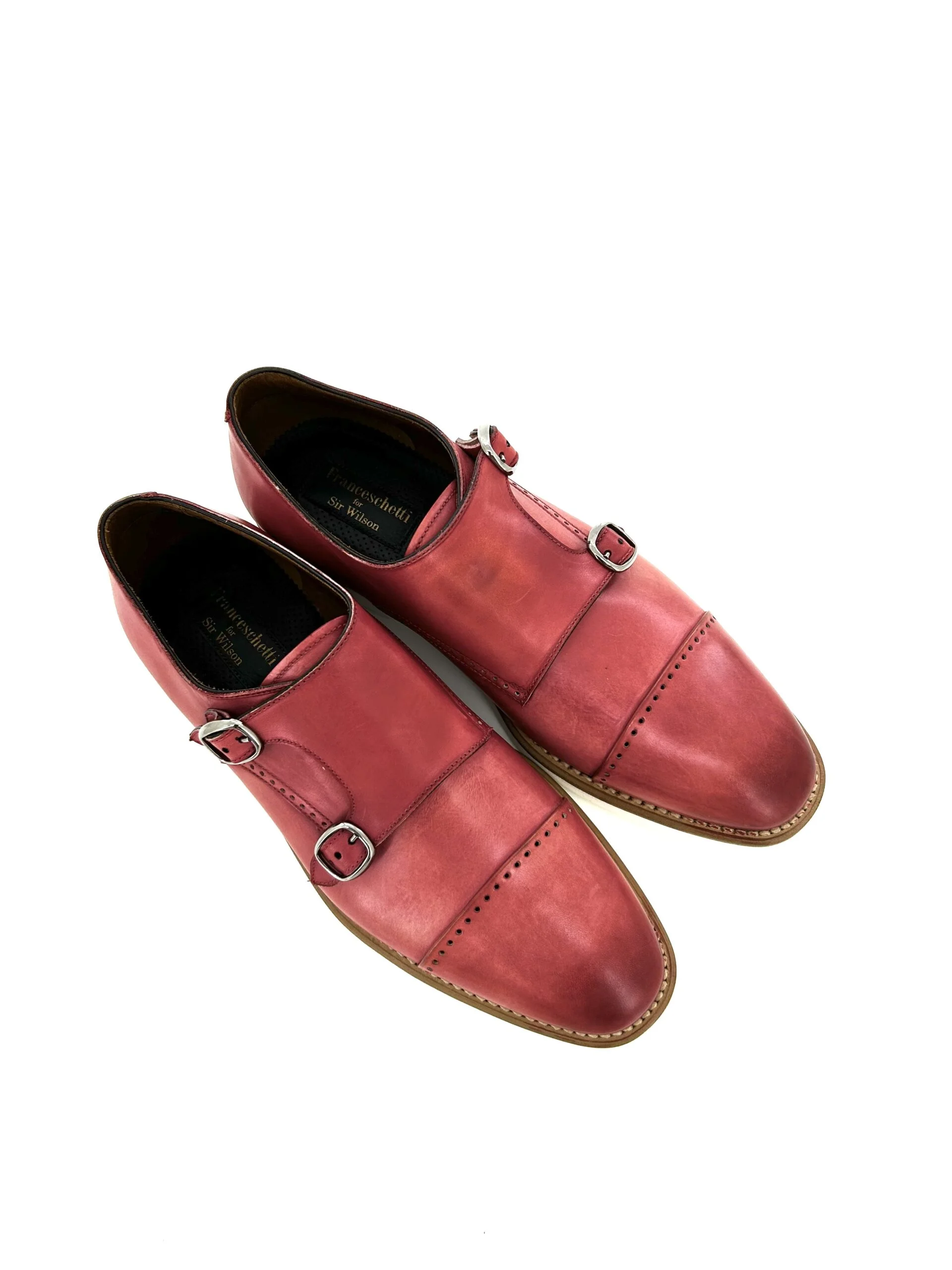 Franceschetti scarpe uomo, in pelle anticata rossa con doppia fibbia, suola in gomma - immagine 3
