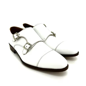Sir Wilson scarpe uomo, in pelle bianco con doppia fibbia