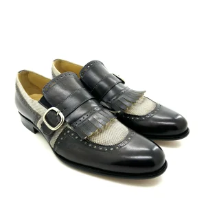Sir Wilson scarpe uomo, in pelle nera anticata e tessuto, con fibbia e frange